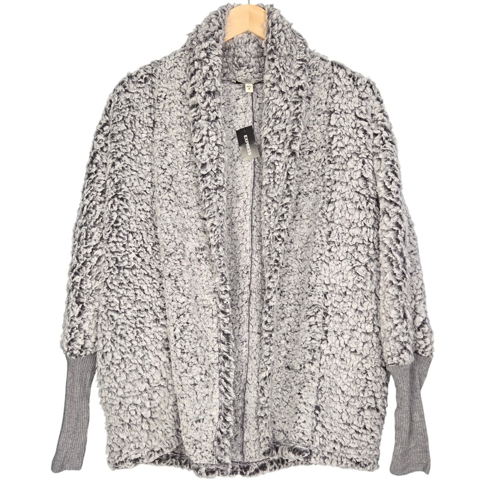 Express Sherpa Cardigan Sweater Womens Small Gray Fleece Open Front Soft NEW